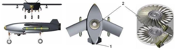 Air vehicle schematics: top view, front view, contra-rotating ducted fan detail